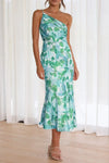 Ruched Printed Single Shoulder Midi Dress Teal