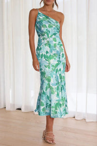 Ruched Printed Single Shoulder Midi Dress Teal