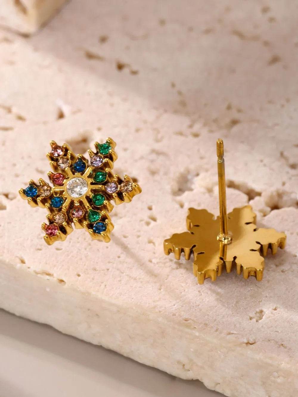 18K Gold-Plated Stainless Steel Snowflake Stud Earrings with Zircon Accents