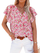 Full Size Flutter Sleeve Floral V-Neck Blouse Plus Size - Store 42