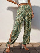 Perfee Smocked Slit Printed High Waist Pants Moss