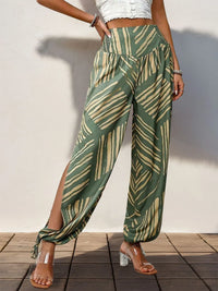 Perfee Smocked Slit Printed High Waist Pants Moss