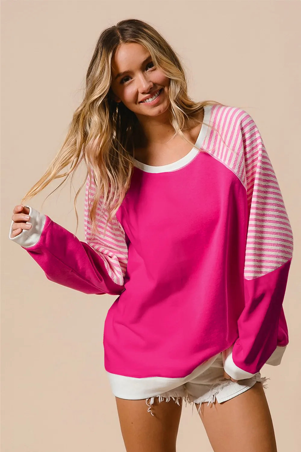 Trendy Striped Long Sleeve Sweatshirt - Comfortable Opaque Fabric, Slightly Stretchy, 65% Polyester, 35% Cotton