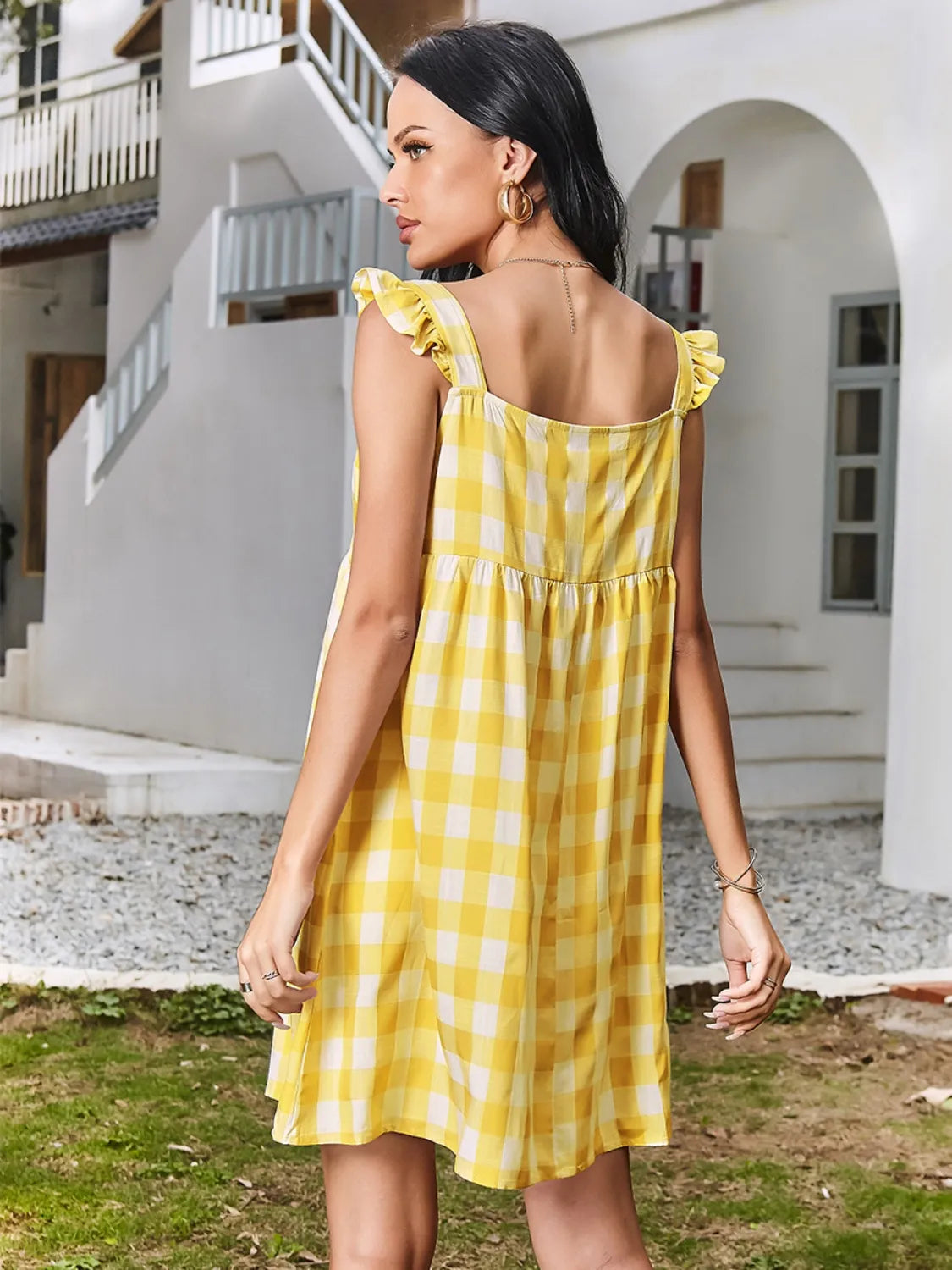 Ruffled Plaid Square Neck Mini Dress - 100% Polyester, Mini Length, Non-Stretch Fabric