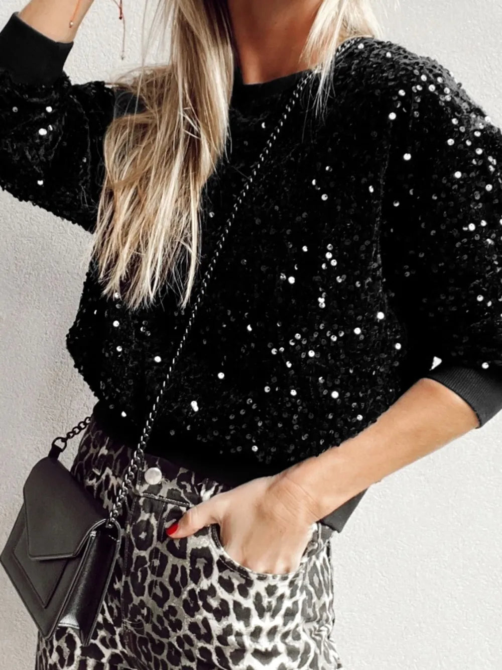 Chic Sequin Round Neck Long Sleeve Blouse - 100% PET, Opaque, Machine Washable
