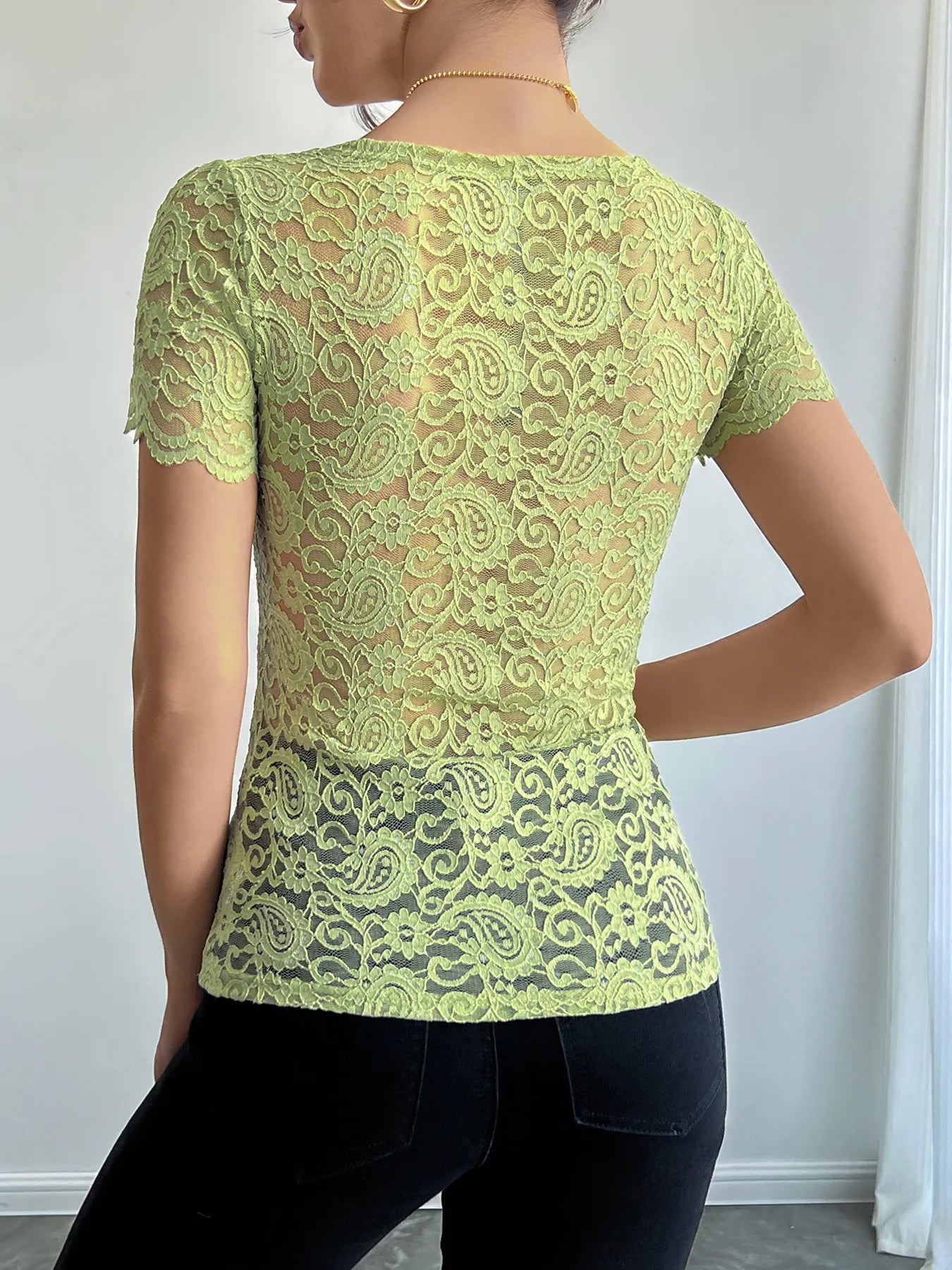 Floral Lace Square Neck T-Shirt