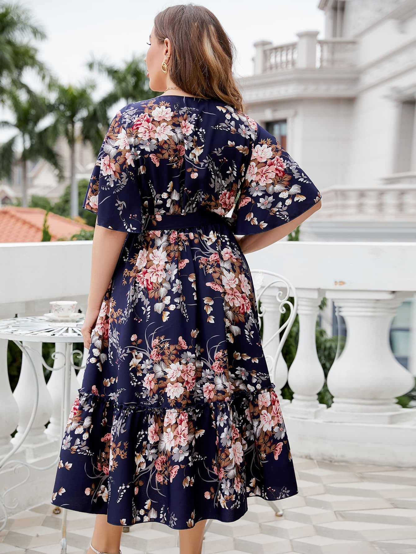 Plus Size Honey Floral Surplice Neck Midi Dress with Flutter Sleeves and A-Line Hem