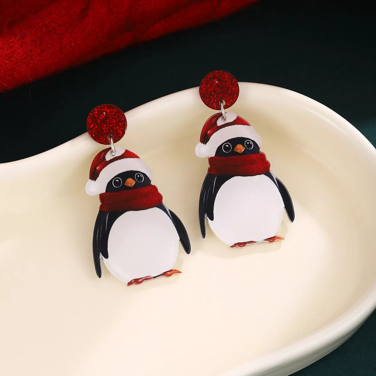Festive Christmas Penguin Holiday Earrings with Santa Hat - Acrylic & Stainless Steel Pair
