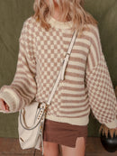 Stripe Checkerboard Drop Shoulder Balloon Sleeve Sweater Tan