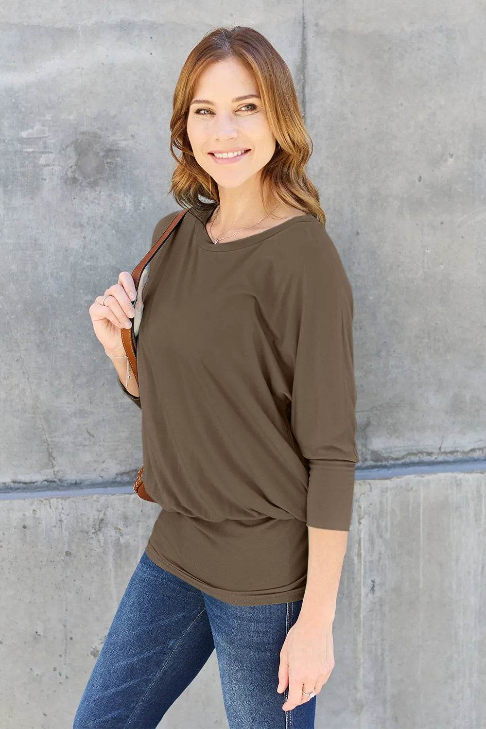 Basic Bae Full Size Round Neck Batwing Sleeve Top - Soft Stretch Rayon Blend, Opaque Design