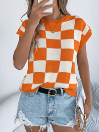 Checkered Round Neck Cap Sleeve Knit Top