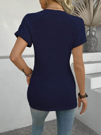 Trendy Hollow Out Waffle Knit Short Sleeve T-Shirt - Soft Stretchy Fabric, Eyelet Detail - Store 42