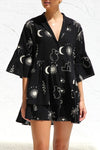 Ruched Printed Three-Quarter Sleeve Mini Dress Black