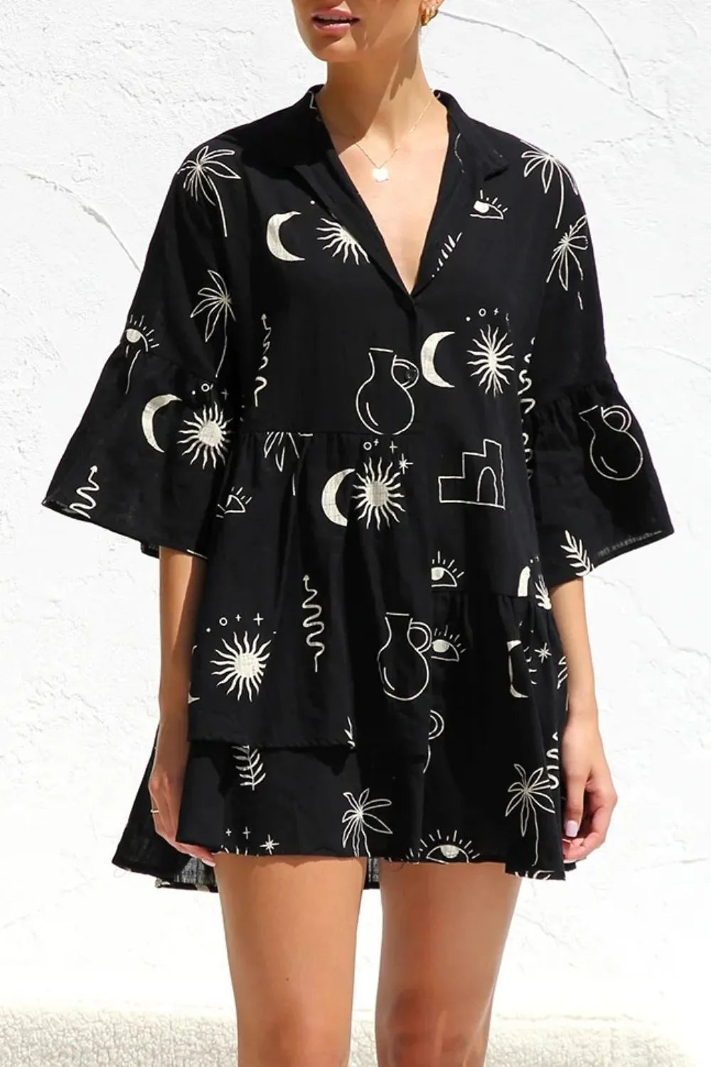 Ruched Printed Three-Quarter Sleeve Mini Dress Black