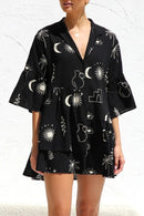 Ruched Printed Three-Quarter Sleeve Mini Dress Black