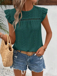 Elegant Eyelet Round Neck Cap Sleeve Top - 95% Polyester, No Stretch, Imported - Store 42