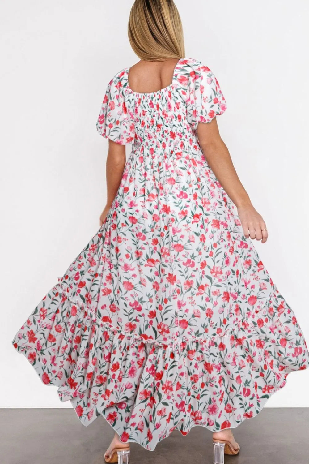 Floral Tiered Dress With Puff Sleeves - 100% Polyester, Machine Washable, Elegant Style