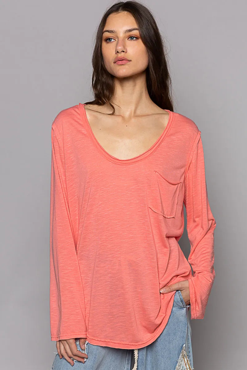 POL Chest Pocket Long Sleeve T-Shirt for Men - Comfortable, Versatile Basic Style - 94% Rayon, 6% Spandex