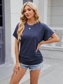 Slightly Stretchy Ruched Round Neck Short Sleeve T-Shirt for Women - Casual Basic Tops - Store 42