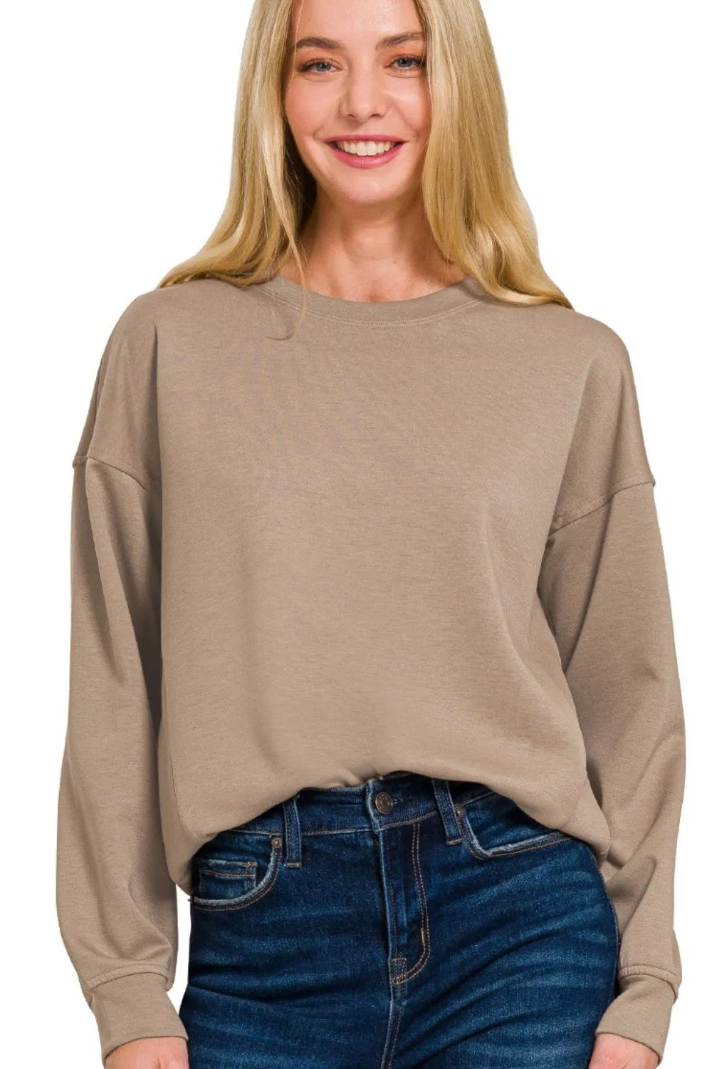 Oversized Taupe Scuba Sweatshirt – Soft Cotton Blend, Relaxed Fit, Classic Crew Neck
