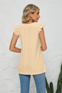 Trendy Smocked Round Neck Eyelet Top with Cap Flutter Sleeves - Casual Long Length Blouse - Store 42