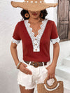 Ivy Lane Decorative Button Spliced Lace Short Sleeve Top - Store 42