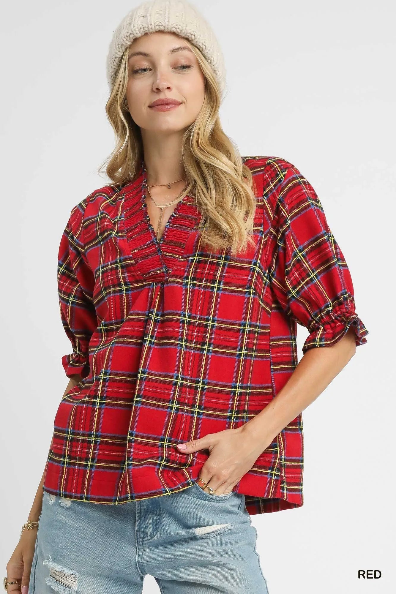 Umgee Women's Plaid Smocked V-Neck Flannel Top - Cozy Cotton-Blend for Fall Layering