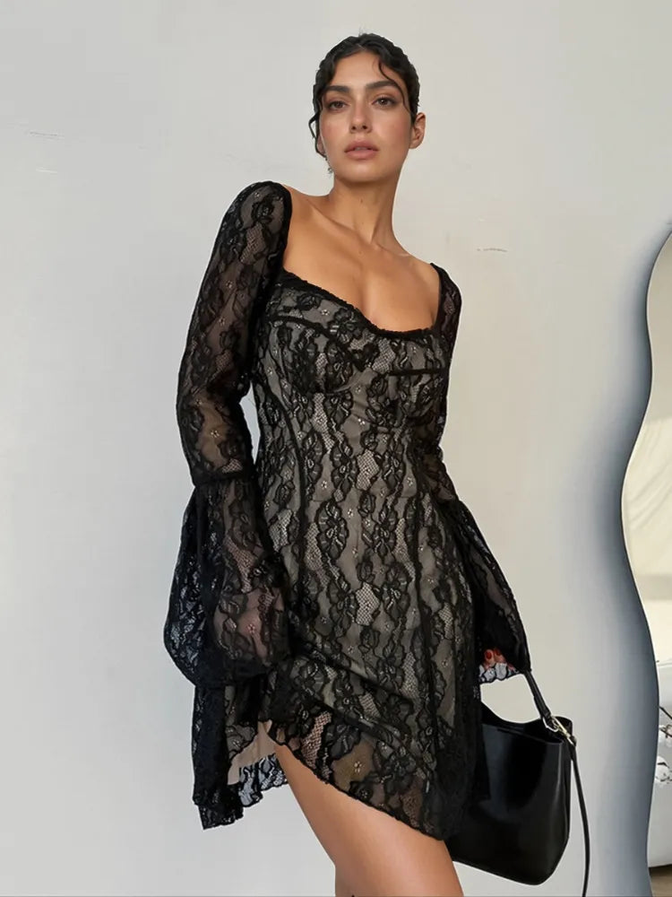 Elegant Lace Sweetheart Neck Mini Dress with Flare Sleeves - Opaque and Lined