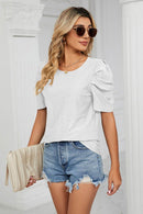 Trendsi Eyelet Puff Sleeve Blouse - Casual Round Neck Top for Every Occasion - Store 42