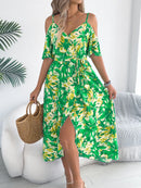 Printed Cold Shoulder Midi Cami Dress Green