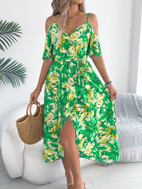 Printed Cold Shoulder Midi Cami Dress Green