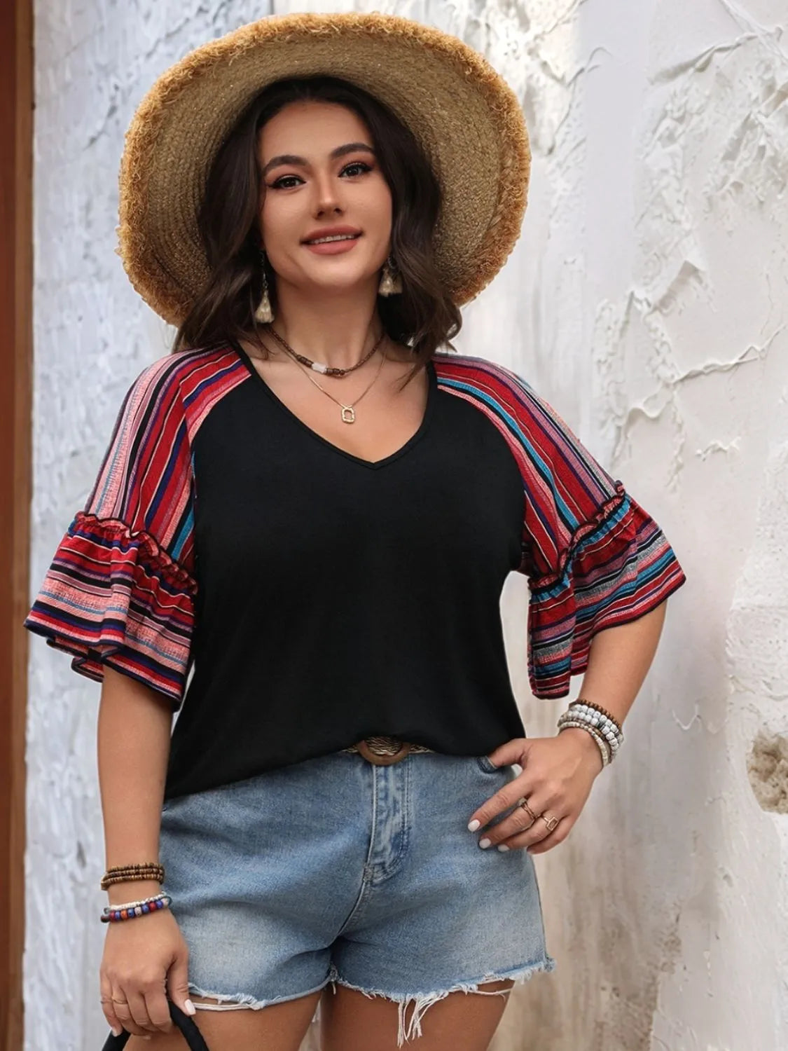 Plus Size 1XL-4XL V-Neck Top with Flounce Sleeves, 95% Polyester, Elegant Frill Design