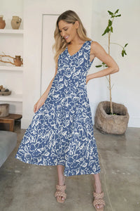 FAM-FAM Tiered Printed V-Neck Sleeveless Dress Dusty Blue