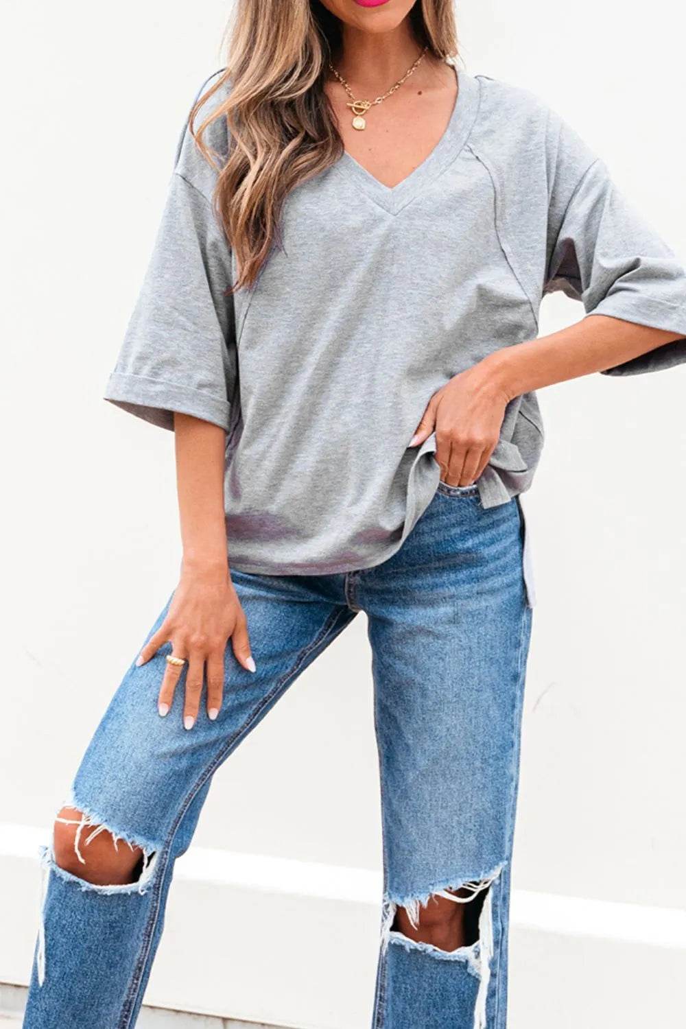 Trendy High Raglan V Neck Oversized T Shirt - Half Sleeve, Stretchy Fabric, Casual Chic - Store 42