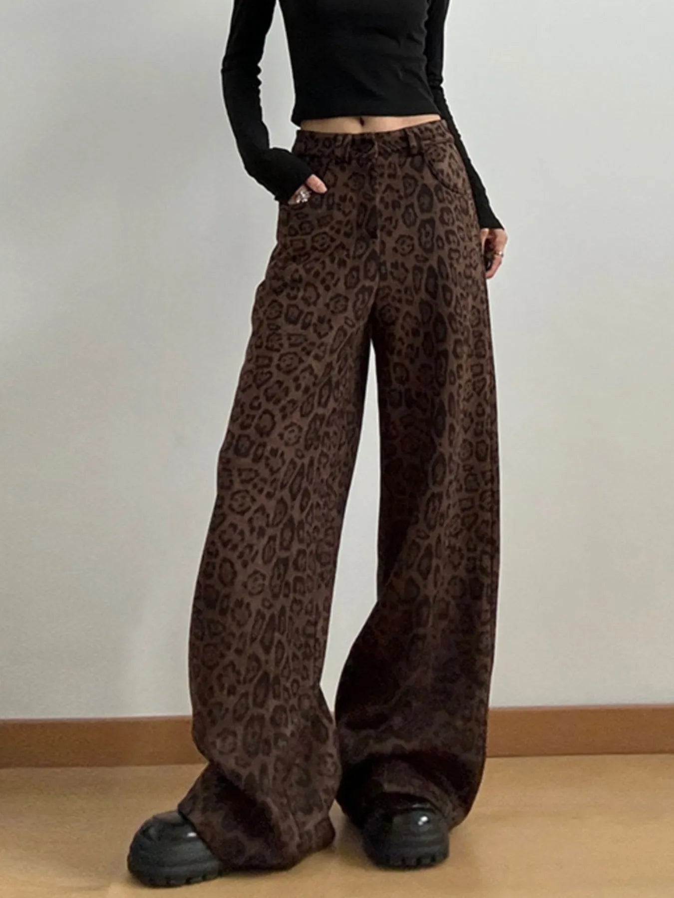 Leopard Print High Waist Wide Leg Pants with Pockets - 100% Polyester, Chic and Comfortable