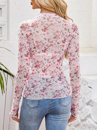 Floral Mock Neck Long Sleeve Top for Women - Slightly Stretchy, Comfortable Polyester Blend - Store 42