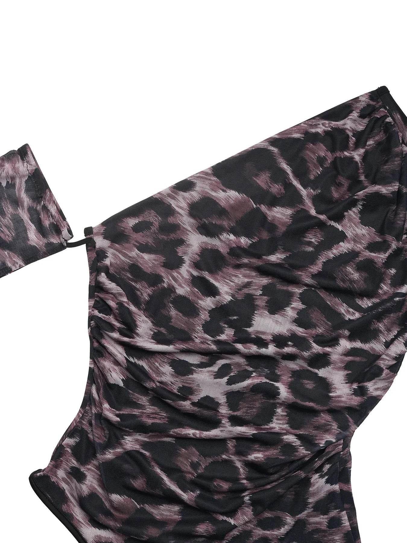 Leopard Print One Shoulder Long Sleeve Bodysuit - Store 42