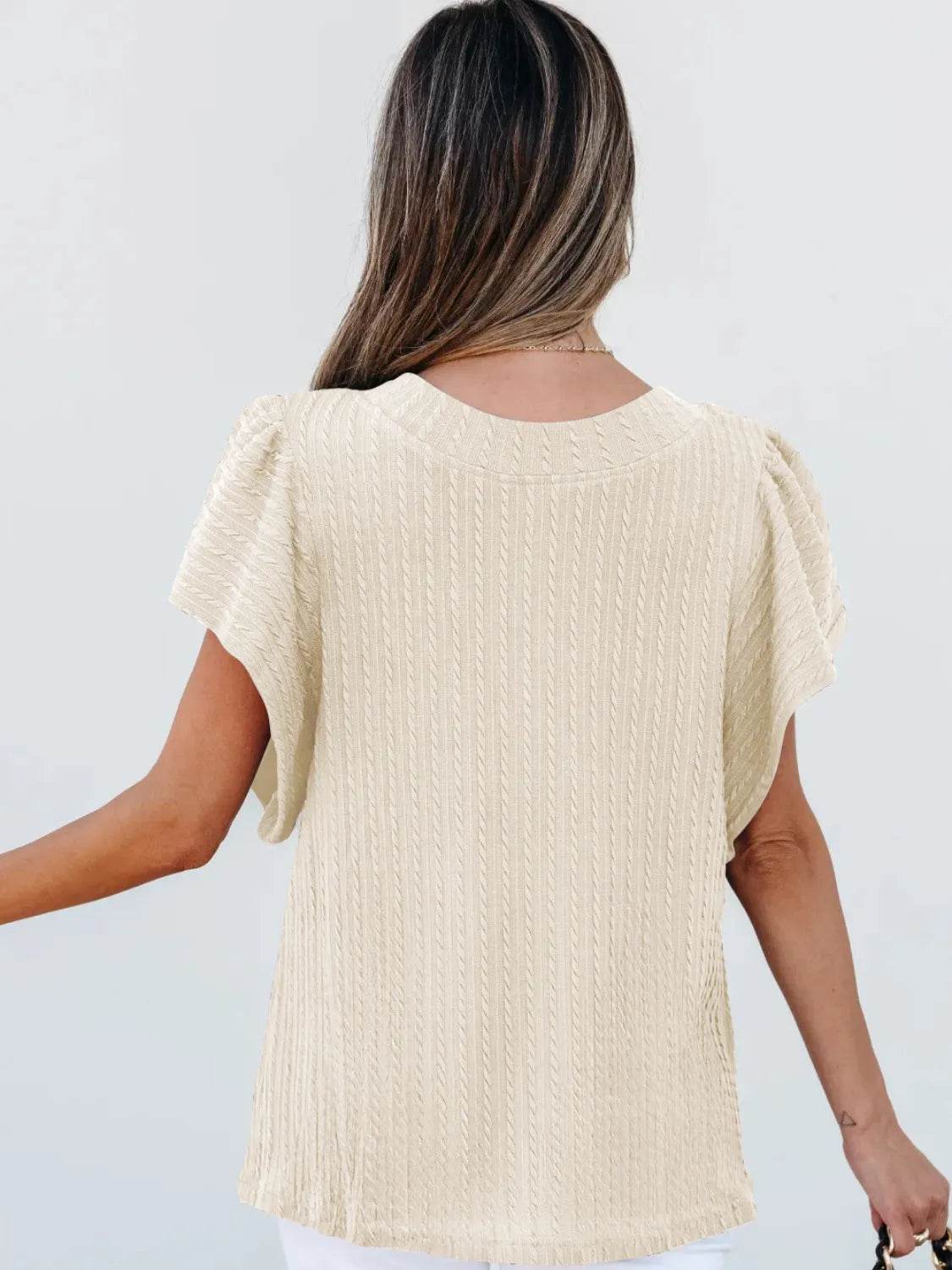 Stylish Round Neck Ruffle Sleeve Top - Slightly Stretchy, 65% Viscose & 35% Polyester, Machine Washable - Store 42