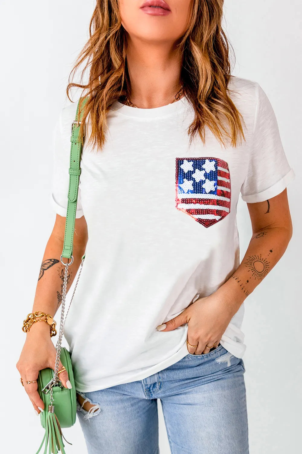 US Flag Sequin Round Neck Short Sleeve T-Shirt - Opaque Fabric, Casual Style