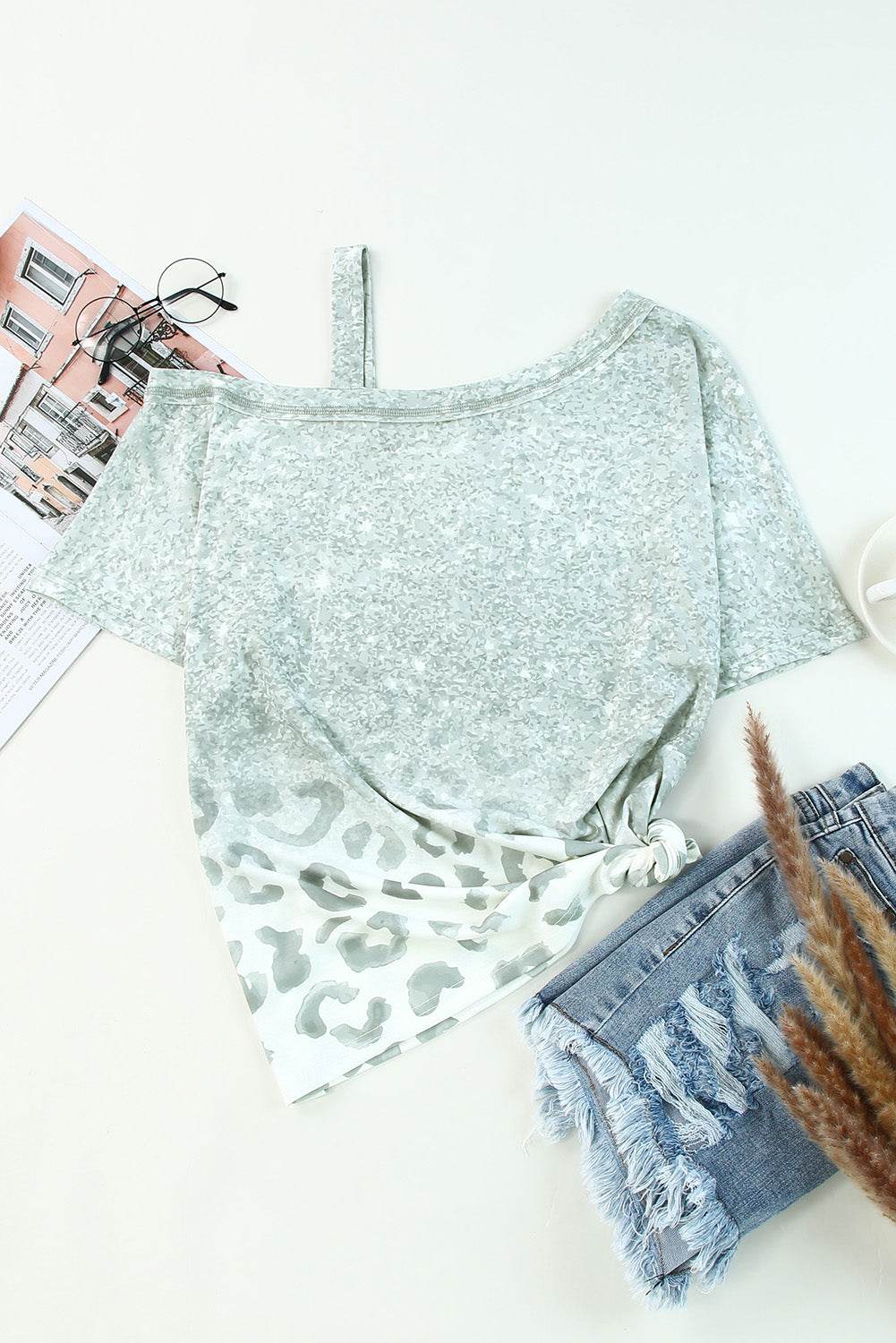 Leopard Print Asymmetrical Neck Cold-Shoulder Blouse with Short Sleeves - Casual Chic Style - Store 42