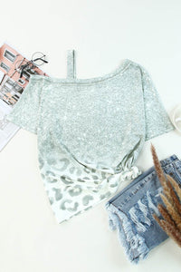 Leopard Print Asymmetrical Neck Cold-Shoulder Blouse with Short Sleeves - Casual Chic Style - Store 42