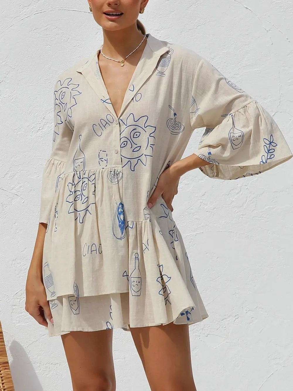 Trendy Button Detail Printed Mini Dress with Ruched and Ruffled Accents - Opaque 100% Polyester