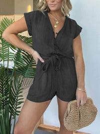 Full Size Tie Waist Cap Sleeve Denim Romper Plus Size - Store 42