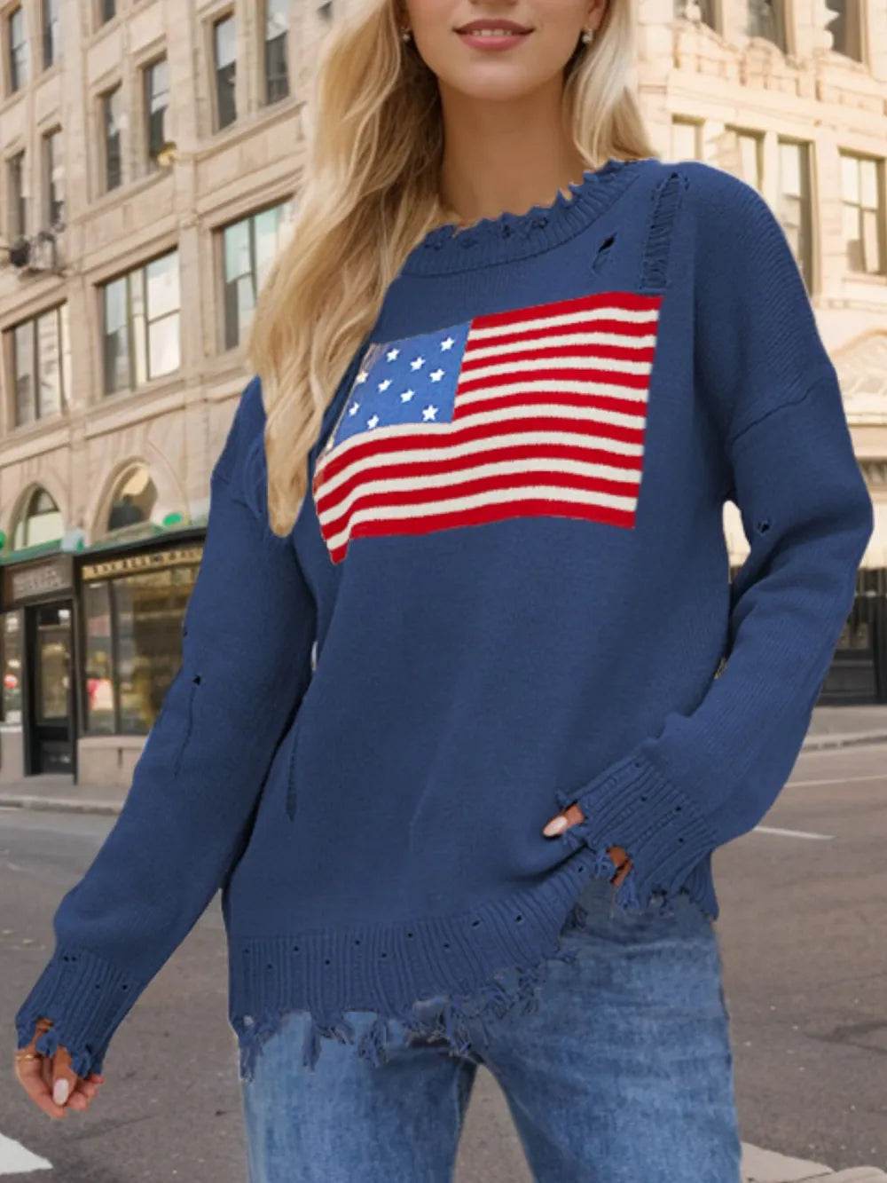 Distressed US Flag Long Sleeve Sweater for Women - 100% Acrylic, Moderate Stretch - Store 42