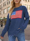 Distressed US Flag Long Sleeve Sweater for Women - 100% Acrylic, Moderate Stretch - Store 42