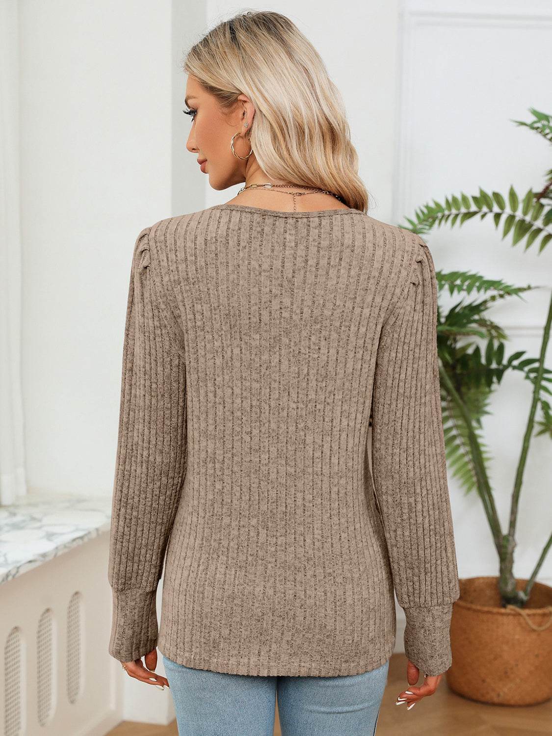 Lace Detail V-Neck Blouse with Ribbed Texture - Opaque, Slightly Stretchy Fabric - Store 42