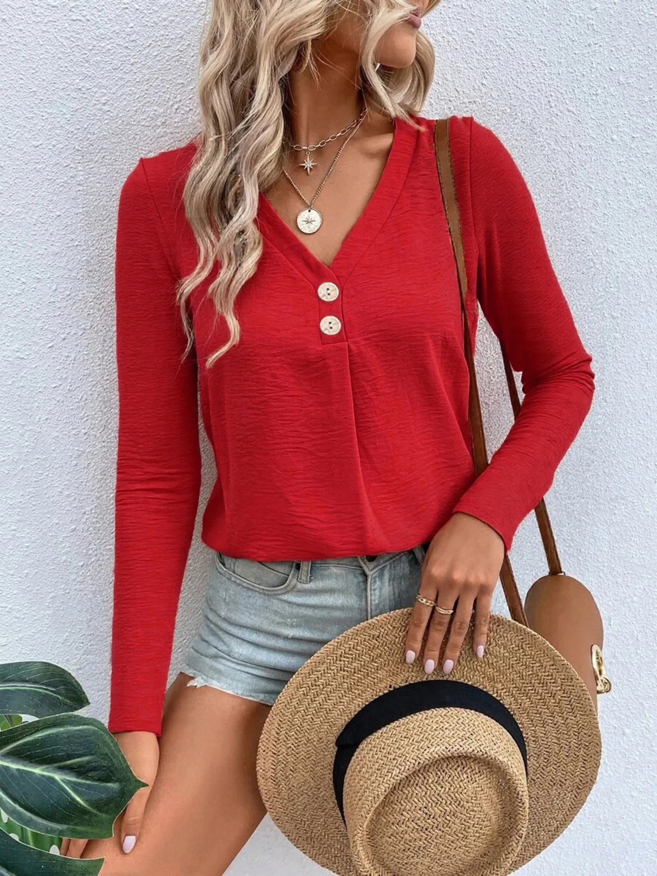 Plus Size 100% Polyester V-Neck Long Sleeve T-Shirt with Decorative Button