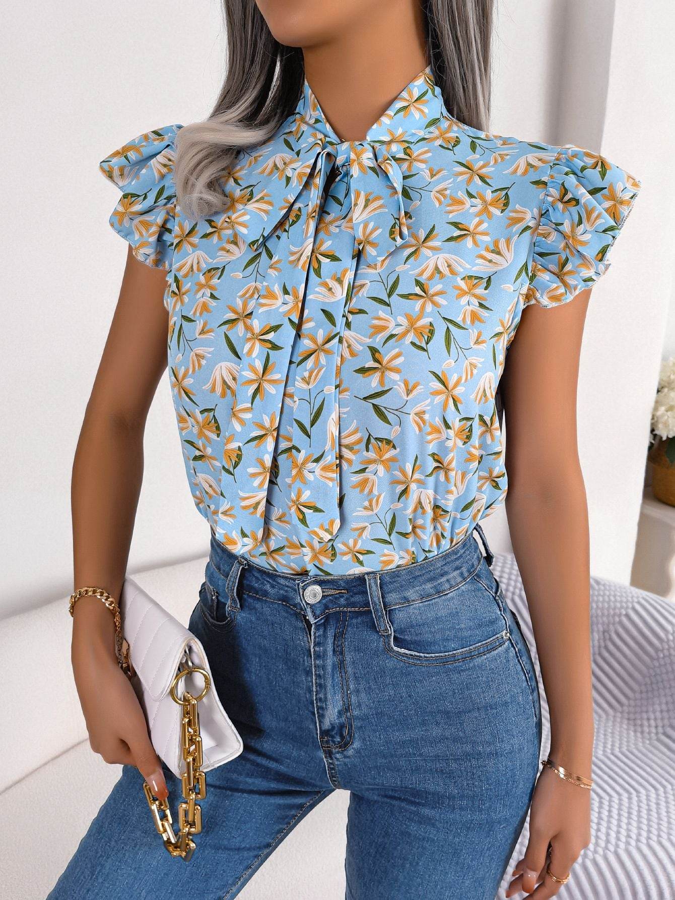 Floral Printed Tie Neck Blouse with Flutter Cap Sleeves - Casual Opaque Top - Store 42