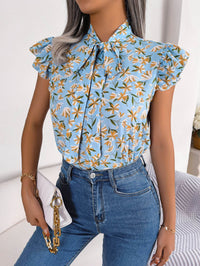 Floral Printed Tie Neck Blouse with Flutter Cap Sleeves - Casual Opaque Top - Store 42
