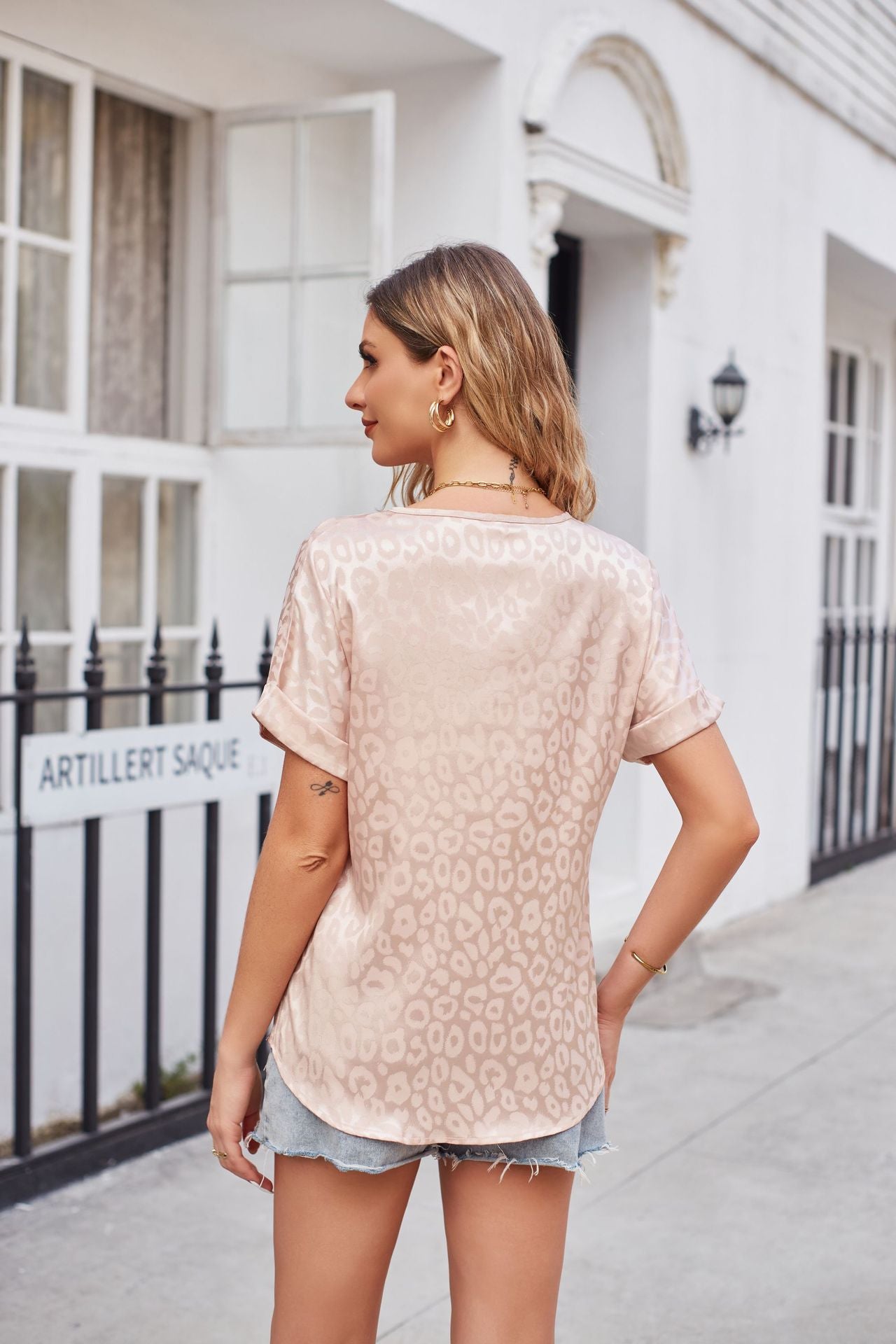 Leopard Print V-Neck Satin Top with Curved Hem - Casual Short Sleeve Blouse